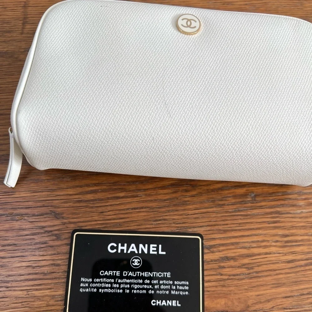 CHANEL Pouch Cosmetic Bag Purse Coco Button Leather Ivory Authentic.